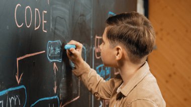 Panorama shot of smart boy writing engineering prompt on blackboard. Attractive student planing a project by using coding and programing system in STEM technology innovative class. Closeup. Erudition. clipart