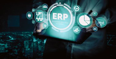 Ticari kaynaklar için Enterprise Resource Management ERP yazılım sistemi modern grafik arayüzünde sunulmuştur. Şirket kaynaklarını yönetmek için geleceğin teknolojisini göstermektedir. uds