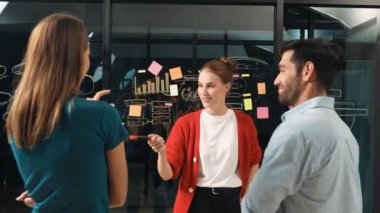 Profesyonel iş kadını marker 'ı yöneticiye verir ve mevcut pazarlama stratejisini uygular. Yetenekli yönetici, cam duvardaki finansal fikri grafik ve zihin haritalama ile açıklıyor. İzleme