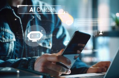 Yapay zeka sanal asistanı Chatbot ile yapay zeka konsepti ile insan etkileşimi, yapay zeka mühendisliği, LLM yapay zeka derin öğrenimi iş desteği için üretken yapay zeka kullanımı. EIDE