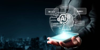 Yapay zeka sanal asistanı Chatbot ile yapay zeka konsepti ile insan etkileşimi, yapay zeka mühendisliği, LLM yapay zeka derin öğrenimi iş desteği için üretken yapay zeka kullanımı. FaaS