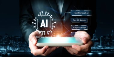 Yapay zeka mühendisliği, büyük veri ve yapay zeka makinesi kavramında yapay zeka beyin işlemcisiyle iş desteği için üretken yapay zeka kullanmayı öğrenen insan etkileşimi. Faas