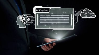 Yapay zeka sanal asistanı Chatbot ile yapay zeka konsepti ile insan etkileşimi, yapay zeka mühendisliği, LLM yapay zeka derin öğrenimi iş desteği için üretken yapay zeka kullanımı. Kullanıcı Kimliği