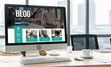 blogging concept, web blog Social Media Information network snugly. social media online content, freelance worker, working online, content creator, blogger, website, reading blog online on computer