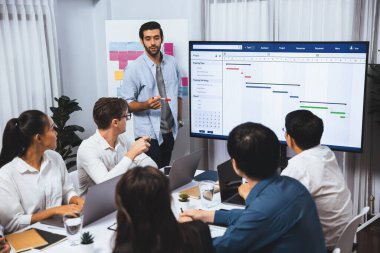 Proje yöneticisi monitörde proje yönetimi yazılım görüntülemesi, proje görevinin ilerlemesini izlemek ve toplantı masasında program planı yapmak suretiyle ekiple iletişim kurar ve işbirliği yapar. Tedbirli