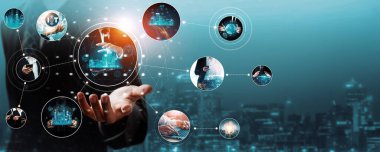 İletişim teknolojisi, akıllı bağlantı IOT ve insan ağ teknolojisi kavramı. Güvenli internet ağına ve bulut hesaplama sunucularına bağlanmak için bağlantı aygıtı kullanan insanlar
