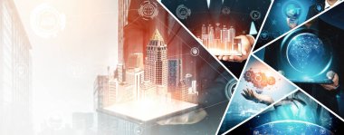 İletişim teknolojisi, akıllı bağlantı IOT ve insan ağ teknolojisi kavramı. Güvenli internet ağına ve bulut hesaplama sunucusuna bağlanmak için bağlantı aygıtı kullanan insanlar vexel