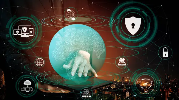 stock image Cyber Security and Digital Data Protection Concept. Icon interface showing secure firewall technology for online data access defense against hacker, virus and insecure information for privacy. uds