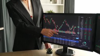 Hisse senedi borsası pazarlamasını analiz eden yavaş çekim şirketindeki yatırımcılar, kayıp için mum bar fiyatını analiz eden monitörlere bakıyor ve kazanç ve kâr elde ediyor. Filizlenen