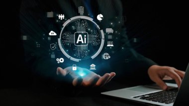 Yapay zeka mühendisliği, büyük veri ve yapay zeka makinesi kavramında yapay zeka beyin işlemcisiyle iş desteği için üretken yapay zeka kullanmayı öğrenen insan etkileşimi. Kullanıcı Kimliği