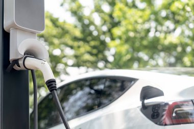 EV elektrikli araç EV şarj istasyonu ulusal park veya açık hava orman manzaralı. Çevre dostu EV arabalarla yaz ormanlarında doğal koruma. Yükselt