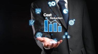 Maliyet azaltma, dijital grafik EIDE örtüşmeleri ile gösterilen maliyet tasarrufu kavramı, kurumsal işletmeler gereksiz harcamaların azaltılması yoluyla maliyet ve şirket kaynaklarını etkili bir şekilde tasarruf eder
