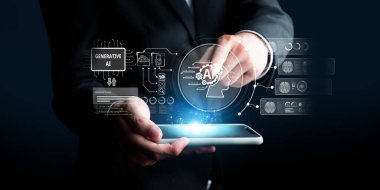 Yapay zeka sanal asistanı Chatbot ile yapay zeka konsepti ile insan etkileşimi, yapay zeka mühendisliği, LLM yapay zeka derin öğrenimi iş desteği için üretken yapay zeka kullanımı. FaaS