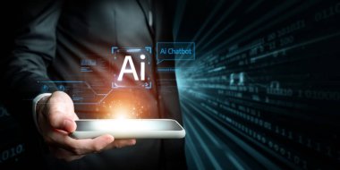 Yapay zeka sanal asistanı Chatbot ile yapay zeka konsepti ile insan etkileşimi, yapay zeka mühendisliği, LLM yapay zeka derin öğrenimi iş desteği için üretken yapay zeka kullanımı. FaaS