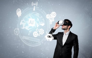 Müdür, VR cam yazma ve programlama mühendisliği komut kullanıyor. Görsel gerçeklik kulaklığı takan profesyonel bir iş adamı kodlama programı veya sistemi için yapay zeka yardımı ya da sohbet botu kullanıyor. Sapma.