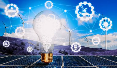 Gelecekteki güç üretimi ikon grafik arayüzü endüstrisine sahip yeşil enerji yenilik ampulü. Alternatif enerji ile sürdürülebilirlik gelişimi kavramı. uds