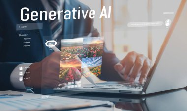 Yapay zeka mühendisliği, büyük veri ve yapay zeka makinesi kavramında yapay zeka beyin işlemcisiyle iş desteği için üretken yapay zeka kullanmayı öğrenen insan etkileşimi. EIDE