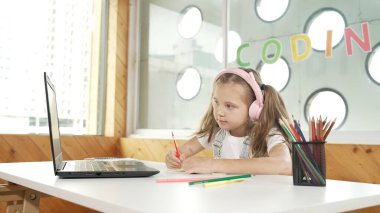 Tatlı akıllı kız sınıf çalışması yapıyor ya da öğretmenini dinlerken internetten öğreniyor. Mutlu öğrenci yazıları, çizimleri, bilgisayar ve renkli kalemlerle kulaklık takarak kağıt üzerinde çalışması. Etkinlik.