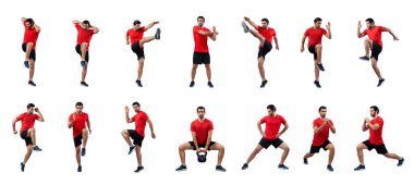 Spor giyim sektöründe sağlıklı ve aktif bir genç adam. Farklı profesyonel formda. Ağırlık kaldırma seti, ağırlık kaldırma antrenmanı..