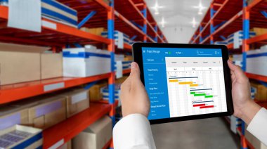 Ekip projesinin zaman çizelgesini gösteren bilgisayar ekranında, modern iş projesi yönetimi için proje planlama yazılımı