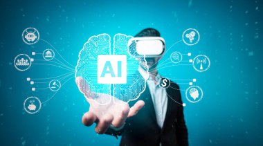 Beyaz iş adamı, performansı desteklemek ve yardımcı olmak için sohbet botu kullanıyor. Meta-evren ve görsel gerçeklik dünyasına bağlanırken sanal gerçeklik gözlüğü kullanan yetenekli bir yatırımcı. Teknoloji yeniliği. Sapma.