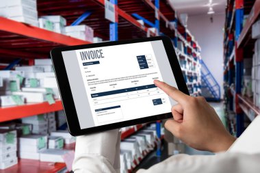 Muhasebe uygulamasından gelen fatura bilgisayar ekranında. Şirket işlerinin finans ve bütçesi için bilgisayar programı. Rahatça..