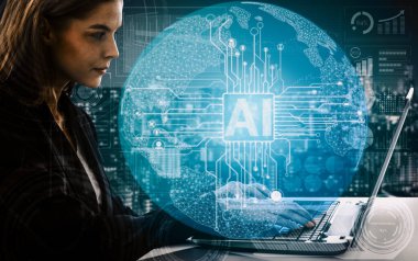 Yapay Zeka ve Yapay Zeka Konsepti - Bilgisayar, makine düşünme ve Dijital Robot Cihazların Yapay Yapay Zeka Arayüzünü gösteren Simge Grafiksel Arayüzü. uds