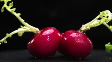 Dilimlenmiş taze turpun yakın çekimi siyah arka planda patlar. Canlı kırmızı et, karanlığa karşı bir işaret. Bu basit kompozisyon turpların eşsiz güzelliğini vurguluyor. Geliştirilebilir.