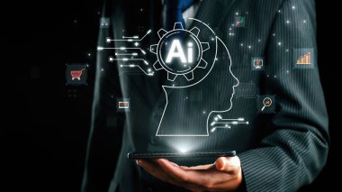 Yapay zeka mühendisliği, büyük veri ve yapay zeka makinesi kavramında yapay zeka beyin işlemcisiyle iş desteği için üretken yapay zeka kullanmayı öğrenen insan etkileşimi. Kullanıcı Kimliği