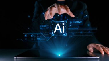 Yapay zeka sanal asistanı Chatbot ile yapay zeka konsepti ile insan etkileşimi, yapay zeka mühendisliği, LLM yapay zeka derin öğrenimi iş desteği için üretken yapay zeka kullanımı. Kullanıcı Kimliği