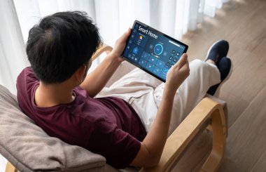 Smart home technology, centric remote control system with digital dashboard for air conditioning, safety security network or house automation. App software, ui panel programming IOT monitor snugly