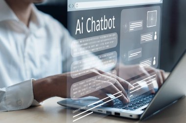 Yapay zeka sanal asistanı Chatbot ile yapay zeka konsepti ile insan etkileşimi, yapay zeka mühendisliği, LLM yapay zeka derin öğrenimi iş desteği için üretken yapay zeka kullanımı. FaaS