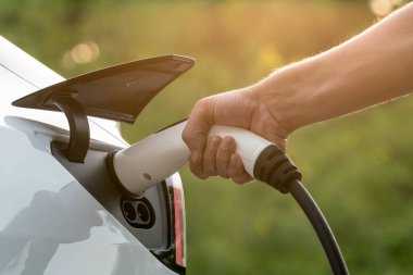 Sonbahar gezisi sırasında sonbahar ormanı arabasında elektrikli araba için şarj eden bir adam. Sonbahar tatilinde elektrikli araçla çevre dostu bir seyahat. Yükselt