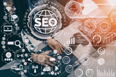 SEO - Çevrimiçi Pazarlama Konsepti için Arama Motoru Optimizasyonu. Müşteri arama ve pazar stratejisini optimize ederek anahtar kelime araştırma web sitesinin tanıtımını gösteren modern arayüz. uds
