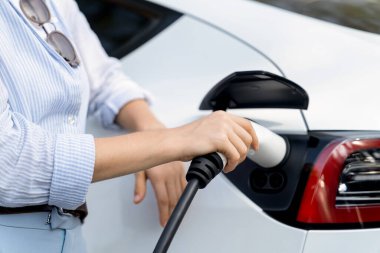 Yolculuk sırasında doğal orman ya da milli parktaki elektrikli araba için şarj olan genç bir kadın. Tatil ve tatil boyunca çevre dostu seyahat. Yükselt