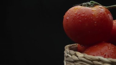 Makrografi, ahşap bir sepete yerleştirilmiş domatesler dramatik bir siyah arka plana karşı sergileniyor. Her yakın çekim domateslerin zengin renklerini ve dokularını yakalar. Geliştirilebilir.