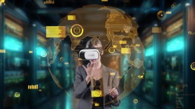 Şifre dinamik piyasa verilerinde logaritma arayan kadın gelecekteki küresel yenilik arayüzü dijital bilgi ağı teknolojisi sanal hologram sunucusunun VR tarafından dünya analizi kayıyor. Kısıtlanma.