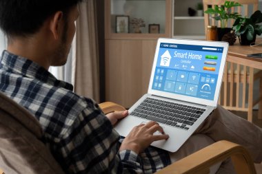 Smart home technology, centric remote control system with digital dashboard for air conditioning, safety security network or house automation. App software, ui panel programming IOT monitor snugly