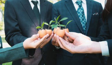 Bir grup iş adamı yumurta kabuğunu gübre tenceresine dönüştürüp, kurumsal yeniden ağaçlandırma projesinin bir parçası olarak filizlenme ve büyümeye olan bağlılığı sembolize ediyorlar. Döngü