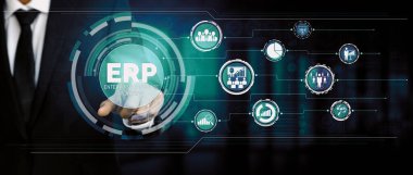 Ticari kaynaklar için Enterprise Resource Management ERP yazılım sistemi modern grafik arayüzünde sunulmuştur. Şirket kaynaklarını yönetmek için geleceğin teknolojisini göstermektedir. uds