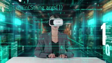 VR yenilik arayüzü dijital ağ teknolojisi görsel hologram sunucusu tarafından akıllı web sitesi geliştirme kodlayıcı veri seçimini analiz etmek için bilgisayar kodu yazan IT geliştiricisi. Kısıtlanma.
