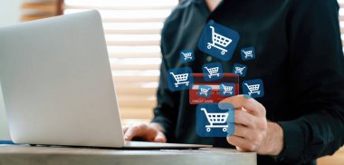 Zarif müşteriler beyaz atlet giyerler ve ellerinde online platform seçen kredi kartı kontrol cihazları bulunur. Akıllı tüketici, nakitsiz teknoloji alışveriş envanteri kullanarak e-ticaret uygulaması açıyor. Siber Nakit.