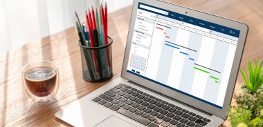 Ekip projesinin zaman çizelgesini gösteren bilgisayar ekranında, modern iş projesi yönetimi için proje planlama yazılımı