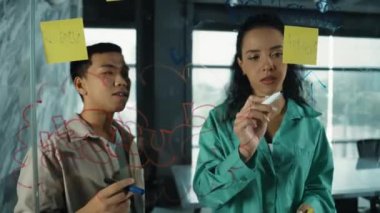 Hispanik çalışanlar, yatırımcılar ayakta durup dinlerken pazarlama fikirleri üretmeye başlarlar. Kadın lider beyin fırtınası iş planı sunuyor. Cam duvardaki yapışkan nota yazılmış bir strateji. Yönlendirici