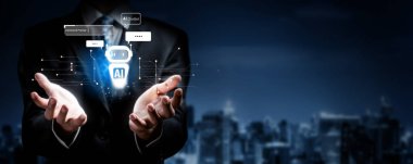 Yapay zeka sanal asistanı Chatbot ile yapay zeka konsepti ile insan etkileşimi, yapay zeka mühendisliği, LLM yapay zeka derin öğrenimi iş desteği için üretken yapay zeka kullanımı. FaaS