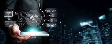 Yapay zeka sanal asistanı Chatbot ile yapay zeka konsepti ile insan etkileşimi, yapay zeka mühendisliği, LLM yapay zeka derin öğrenimi iş desteği için üretken yapay zeka kullanımı. FaaS