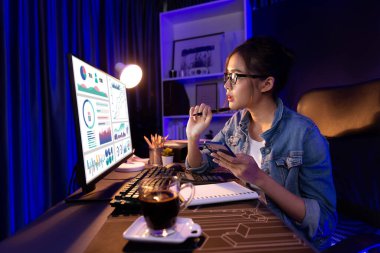 Sunucu kanalı Asyalı etkileyicisi, sosyal medyada kulaklık takarak iş grafikleri ekranında dinleyicileri selamlıyor ve Neon Modern Stüdyoları 'nda internet üzerinden koçluk yapıyor. Taktik.