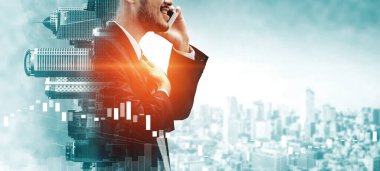 Business Communication Network Technology Concept - İş adamlarının modern şehir planında akıllı telefon ya da cep telefonu aygıtı kullanmaları. uds