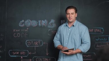 Kodlama programıyla ilgili öğrenci sorusuna beyaz öğretmen cevap veriyor. Beyaz kız, STEM teknoloji sınıfında dizüstü bilgisayar ekranı görüntülerken soru sormak, oy vermek, gönüllü olmak için elini kaldırdı. Öğretim