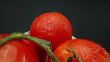 Makrografi, ahşap bir sepete yerleştirilmiş domatesler dramatik bir siyah arka plana karşı sergileniyor. Her yakın çekim domateslerin zengin renklerini ve dokularını yakalar. Geliştirilebilir.